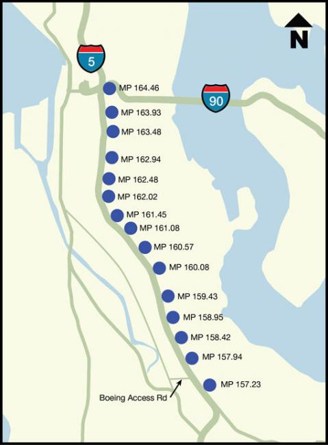 Graphic showing the Interstate 5 corridor through south Seattle with locations of ATDM gantries identified.