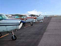 front ends of small aircraft lined up at airport