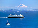 Puget Sound with mountain in background and ferry in foreground