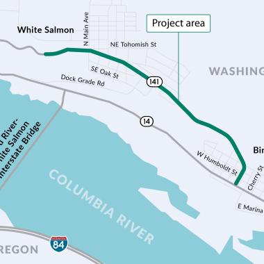 Image shows project location for paving work coming to a stretch of SR 141 between milepost 0.00 at the intersection of SR 14 in Bingen to milepost 1.77 west of Jewett Lane in White Salmon.