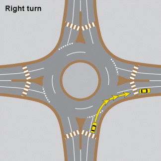 Graphic of a multi-lane roundabout showing a car in yellow and its path making a right turn.