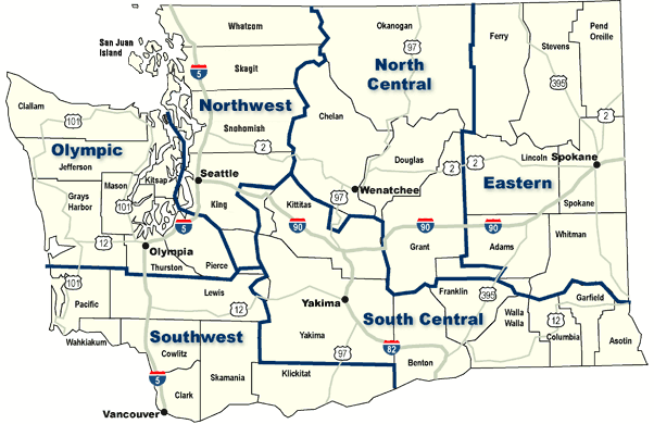 State of Washington map having selectable regions.