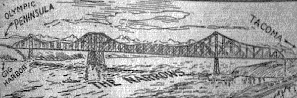 This sketch appeared in Tacoma area newspapers in 1928 as the first proposed bridge type for crossing the Narrows. The image shows the Carquinez Straight Bridge, a steel cantilever structure then under construction in California. WSDOT
