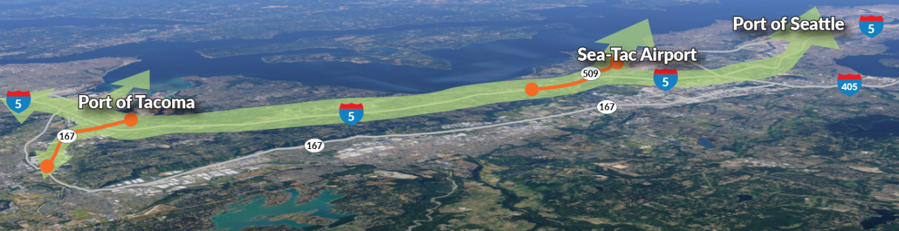 This map shows the portions of SR 167 and SR 509 that will be completed under the Puget Sound Gateway Program