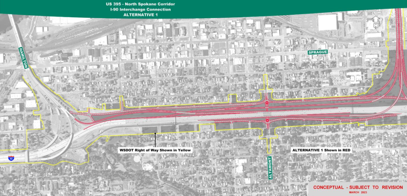 Proposed design alternative 1 of the North Spokane Corridor to I-90.