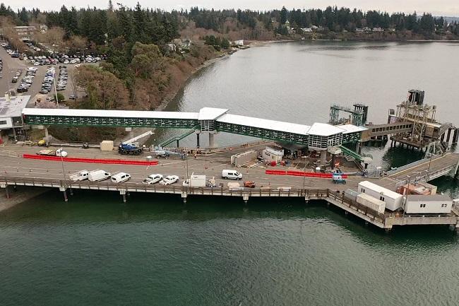 Aerial view of Bainbridge terminal with areas closed off for construction