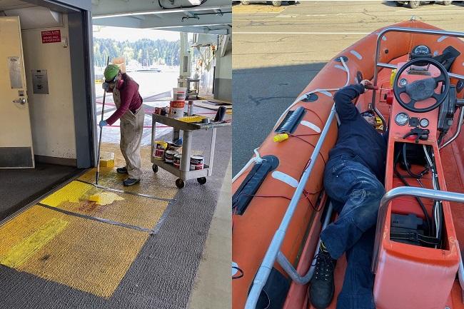 Person using paint roller to refresh vehicle deck of ferry on left and person lying down in a rescue boat working near steering wheel on right