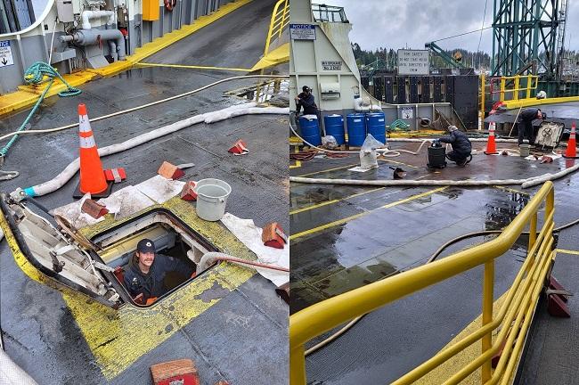Person below car deck level of ferry looking up through hatch door on left and three employees working together on car deck of ferry on right